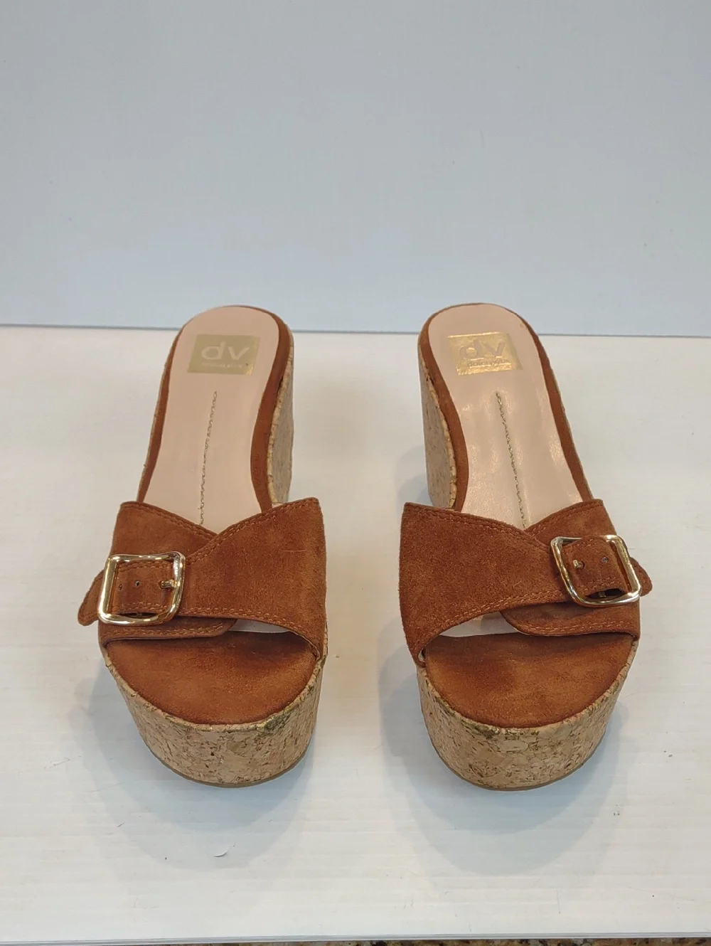 Dolce Vita Hazelwood Brown Suede Cork Wedge Slide with Gold-Tone Buckle Detail